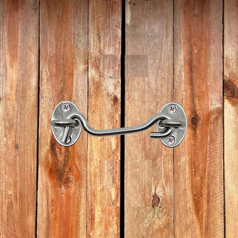 CUKAYO 4 Pack 4" Hook and Eye Gate Latch, Stainless Steel Rust-Resistant Barn Door Lock Cabin Hooks for Gate Shutters Window Slide Barn Shed Cabinet Bathroom, with 16pcs Screw,Silver - Image 4